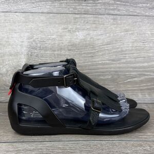 Hunter Original Fringe T-Bar Women’s Sz 10/UK 8 Black Leather Ankle Strap Sandal